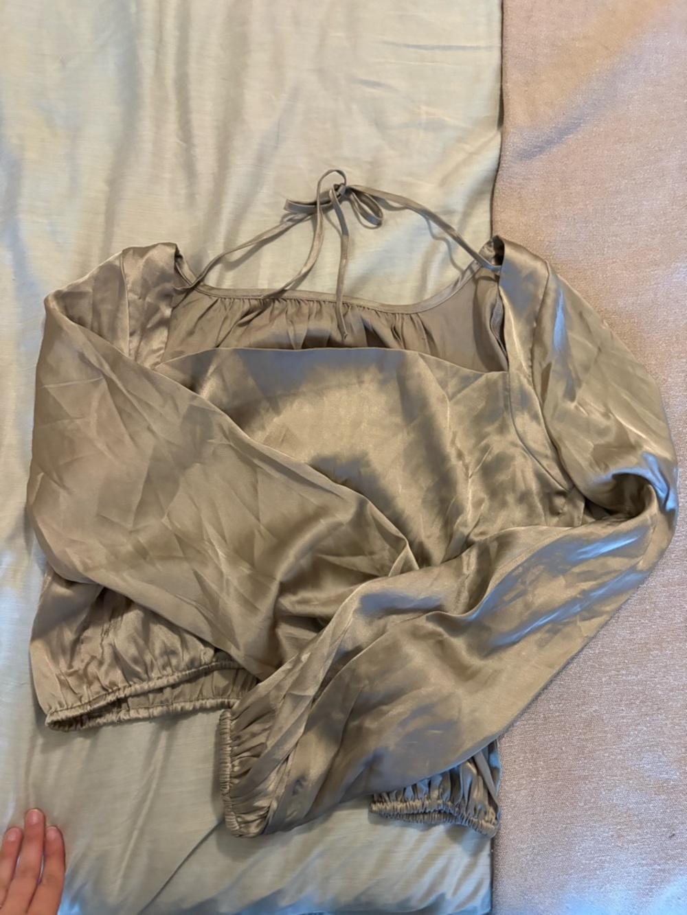 Satin Long-Sleeve Crop Blouse - Taupe